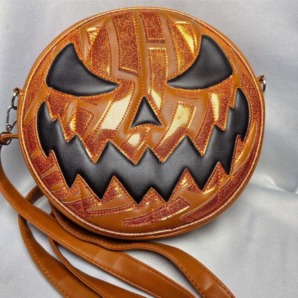 Pumpkin Kult Love Pain and Stitches Orange Glitter Jack-O-Lantern Crossbody Bag